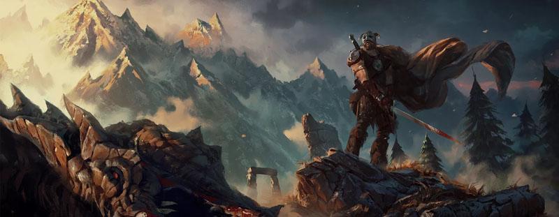 Воин с двуручным мечом у павшего дракона - арты по игре Скайрим